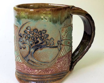 Handmade Tree of Life Pottery Mug: Artisan Coffee Cup