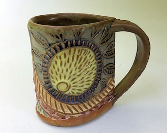 Sunny Day Mug Sun Burst Pottery Mug Coffee Cup Handmade Functinal Tableware Microwave and Dishwasher safe 12 oz