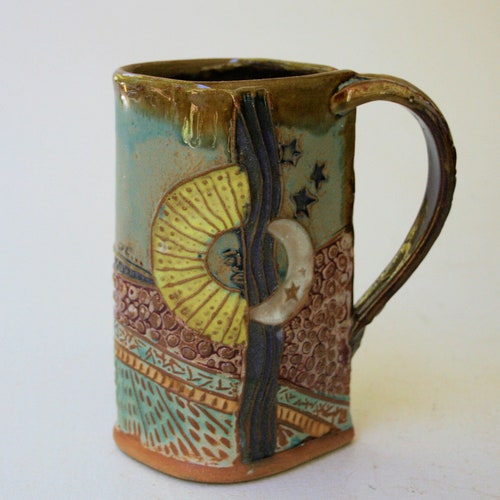 Sun and Moon Pottery Mug: Handmade Ceramic Coffee Cup, Astrology Gift