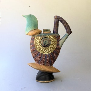 Handmade Sculptural Pottery Tea Pot: &quot;Sunny Sunday&quot; by Helene Fielder (13&quot; x 9&quot;)