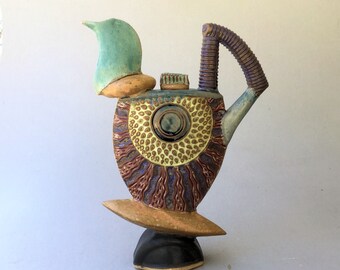 Handmade Sculptural Pottery Tea Pot: "Sunny Sunday" by Helene Fielder (13" x 9")