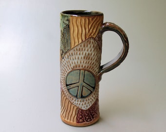 Peace Sign Pottery Mug Coffee Cup Handmade Stoneware Tableware Microwave and Dishwasher Safe 14 oz