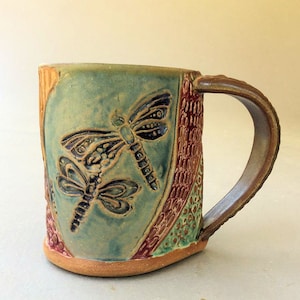 Dragonfly Pottery Mug Coffee Mug Hand Built Stoneware Microwave and Dishwasher Safe 12 oz