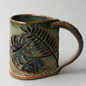 Tropical Foliage Pottery Mug Selloum Philodendron Coffee Cup Handmade Functional Tableware Microwave and Dishwasher Safe 12oz