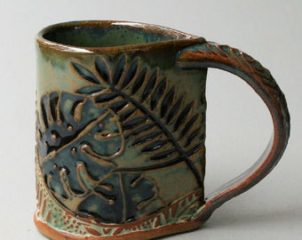 Handmade Tropical Foliage Pottery Mug: Artisan Plant Lover Gift