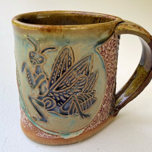 Praying Mantis Pottery Mug Coffee Cup Handmade Stoneware Functional Tableware Microwave and Dishwasher Safe 12 oz