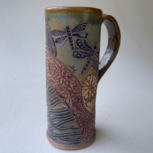 Dragonfly Travel Mug Pottery Mug Coffee Cup Hand-Made Microwave and Dishwasher Safe 14 oz