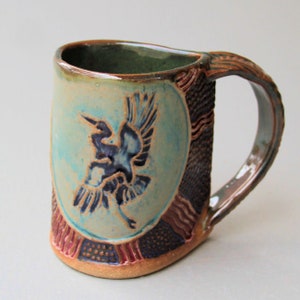 Handmade Blue Heron Pottery Mug: Artisan Stoneware Coffee Cup