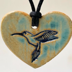 Handmade Pottery Hummingbird Pendant: Adjustable Cord Necklace