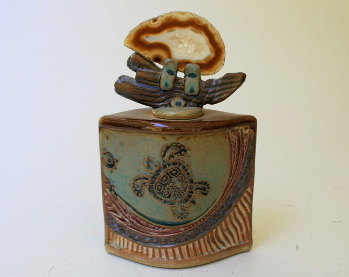 Sea Turtle Vase Vessel Pottery Handmade With Agate Lide Handbuilt