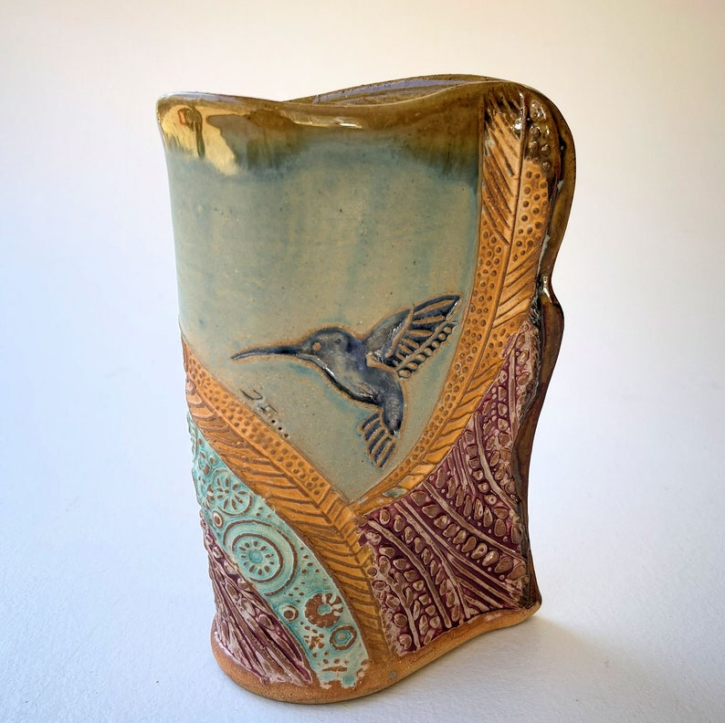 Hummingbird Pottery Flower Vase Hand Made Clay Flower Holder image 7