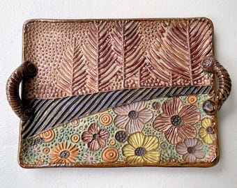 Półmisek z ceramiki wiosennej z pejzażem, ręcznie robiony, kamionkowy, nadaje się do mikrofalówki i zmywarki