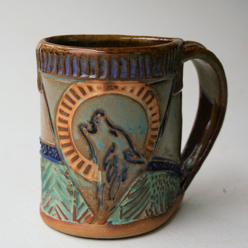 Handmade Wolf Pottery Mug: Artisan Stoneware Coffee Cup