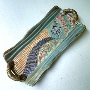 Dragonfly Rectangle Platter , Dish, Pottery, Clay, Hand made, Hand Built Textural Tray