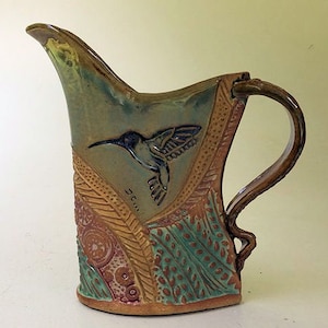 Hummingbird Pottery Pitcher Handmade Stoneware Functional Tableware Microwave and Dishwasher Safe Terricotta Clay with Textural Design 16 oz