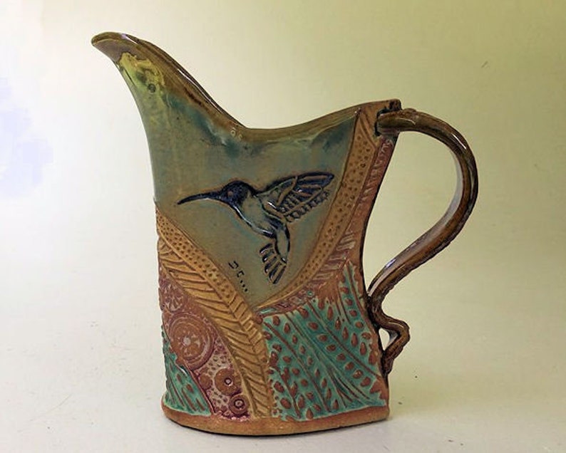 Hummingbird Pottery Pitcher Handmade Stoneware Functional Tableware Microwave and Dishwasher Safe Terricotta Clay with Textural Design 16 oz image 1