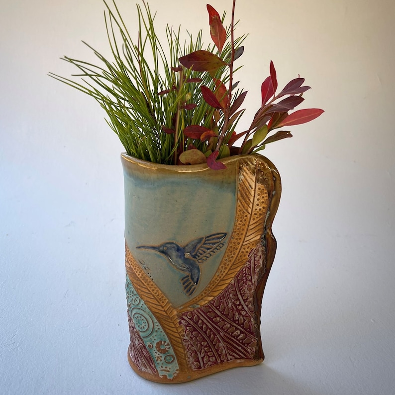 Hummingbird Pottery Flower Vase Hand Made Clay Flower Holder image 2