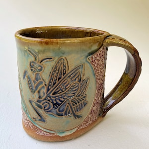 Praying Mantis Pottery Mug: Handmade Ceramic Coffee Cup, Nature Lover Gift