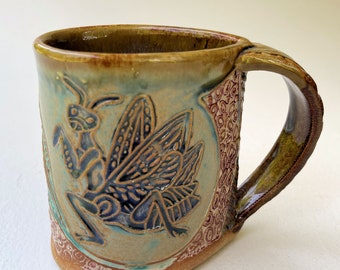 Praying Mantis Pottery Mug: Handmade Ceramic Coffee Cup, Nature Lover Gift
