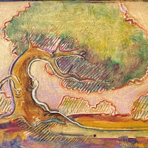 May include: An abstract painting of a tree with a curved trunk and a full, textured crown. The artwork features a palette of warm colors, including browns, greens, and yellows, with red outlining the tree's foliage. The background is a soft, neutral tone.