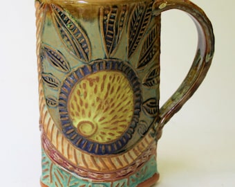 Handmade Sun Design Pottery Mug: Artisan Ceramic Coffee Cup