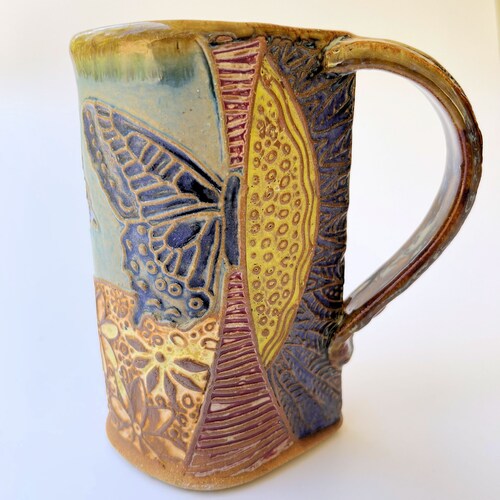 Handmade Butterfly Pottery Mug: Artisan Stoneware Coffee Cup