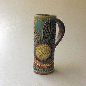 Sun Design travel Mug Pottery Ceramic Mug Handmade Artisan Coffee & Tea Cup – Perfect Gift for Nature and Flower Lovers