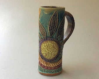 Sun Design travel Mug Pottery Mug Coffee Cup Hand-Made Microwave and Dishwasher Safe 14 oz