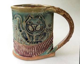 Cat Pottery Mug Coffee Cup Handmade Microwave and Dishwasher Safe 12oz