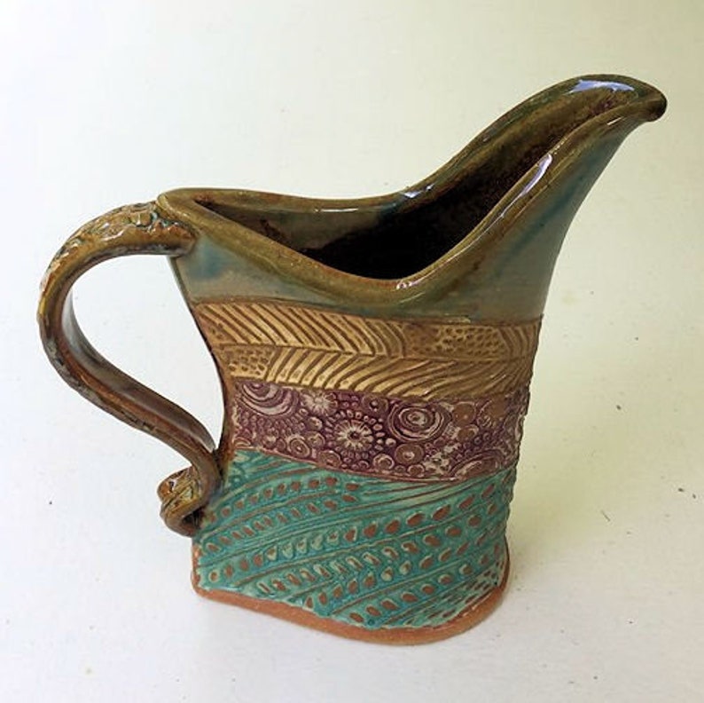 Hummingbird Pottery Pitcher Handmade Stoneware Functional Tableware Microwave and Dishwasher Safe Terricotta Clay with Textural Design 16 oz image 5