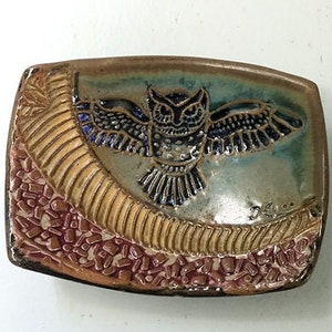 May include: A rectangular ceramic dish with a detailed owl design. The owl has outstretched wings and is centered on a teal and brown background. The dish has a textured border with brown, tan, and red accents. The owl's wings have blue details.