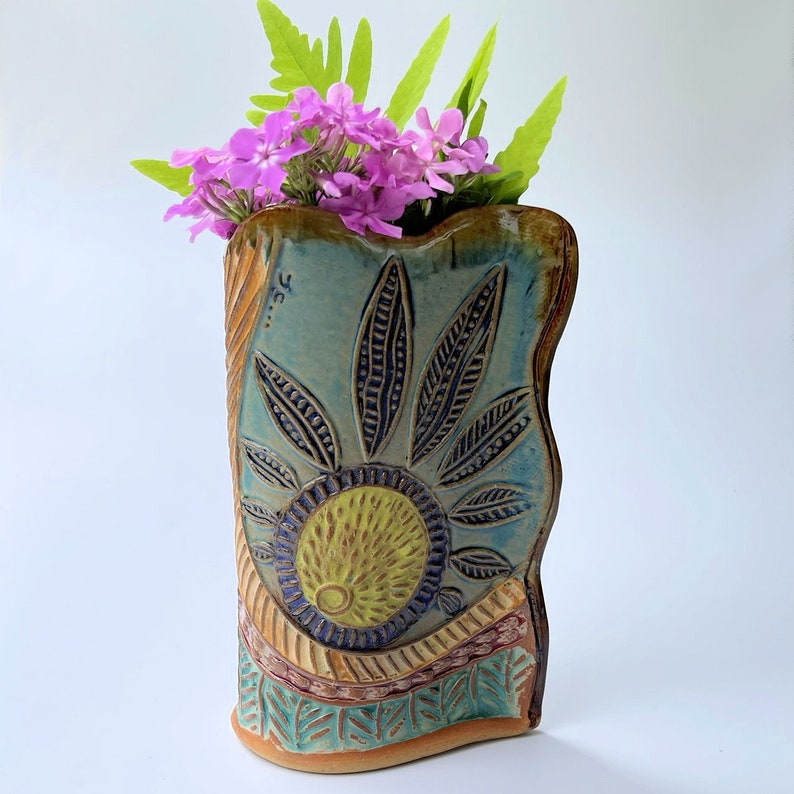 Sun Design Pottery Flower Vase Hand Made image 2