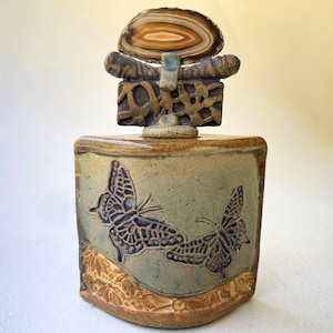 Handcrafted Butterfly Pottery Vessel with Polished Agate Lid - Unique Ceramic Art for Home Decor