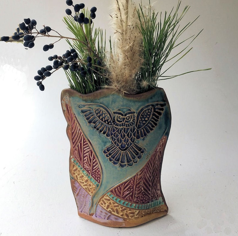 Owl in Flight Pottery Flower Vase Hand Made Etsy