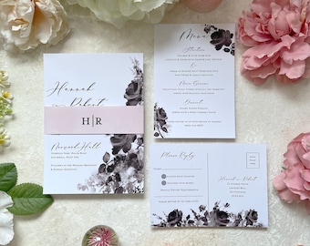 Black Floral Wedding Invitation Set. Invite, RSVP, Guest Information/Menu. Personalised with your details and professionally printed