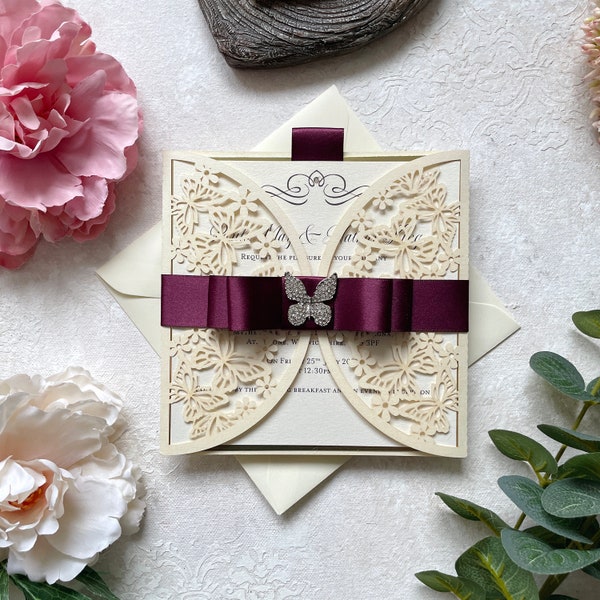 Butterfly Invitation Sample | Laser Cut Design | Ivory Gold & Plum/Wine | Ribbon | Butterfly Embellishment | RSVP | Wedding Invites