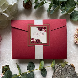 Burgundy Floral Pocket Fold Wedding Invitations, Personalised & Printed, Gold Layers RSVP Card with QR Code, Ribbon or Vellum Closure