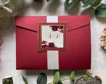 Burgundy Floral Pocket Fold Wedding Invitations, Personalised & Printed, Gold Layers RSVP Card with QR Code, Ribbon or Vellum Closure