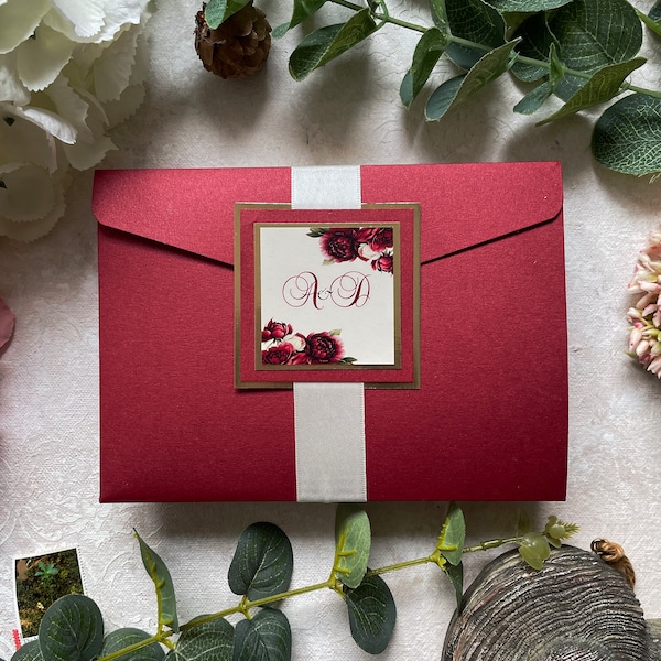 Burgundy Floral Pocket Fold Wedding Invitations, Personalised & Printed, Gold Layers RSVP Card with QR Code, Ribbon or Vellum Closure