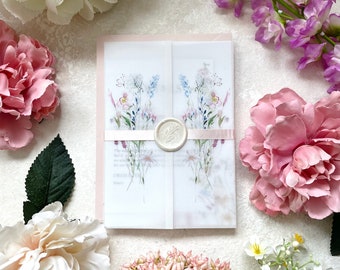 Vellum Wedding Invitation Suite. Wild Flower Wedding Invitation Set with Wax Seal & Ribbon. Personalised and printed.