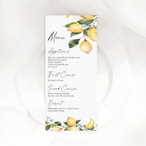 Cartes de menu de mariage. Thème sicilien/méditerranéen. Citrons et verdure. Style minimaliste. Décoration de table de mariage. Personnalisé et imprimé.