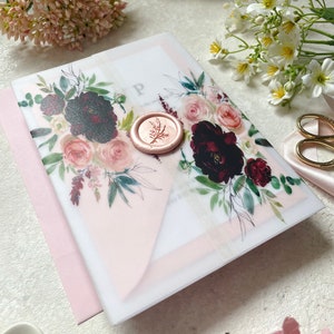 Blush und Pflaume Blumen Pergament Hochzeitseinladungen Set | Handgefertigt 13x18cm Mit Antwortkarte und Antwortkarte
