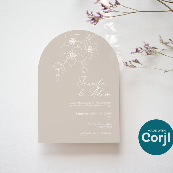 Arched Invitation Template. Beautiful Taupe Cherry Blossom Design. Classic stunning floral style. Digital download DIY edit and print