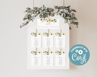 Table Plan Template Sicilian/Mediterranean Themed Wedding. Lemons & Greenery. Digital Download. DIY Edit and print at home. Minimal Design