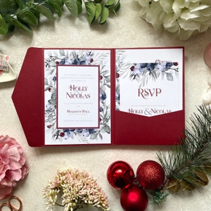 Winter Wedding Pocket Fold Invitation Set with Guest Information, RSVP, and Envelope - Personalised & Professionally Printed