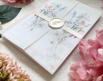 Elegant Spring Prairie Vellum Wedding Suite with RSVP, Guest Info, & Wax Seal - Customisable and Coordinating Extras Available