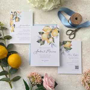 Sample of Sicilian/Mediterranean Themed Wedding Invitation set - Destination, Personalised, Printed - Blue and Lemon Design. With Lemons.