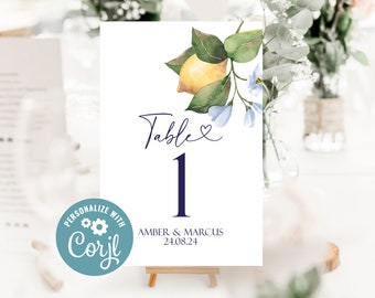 Table Number Template Sicilian/Mediterranean Themed Wedding. Lemons & Greenery. Digital Download. DIY Edit and print at home. Minimal Design