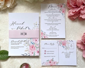 Floral Wedding Invitation Set, Blush. RSVP, Guest Info/Menu. Personalised & Printed Blush Wedding Invitation Set.