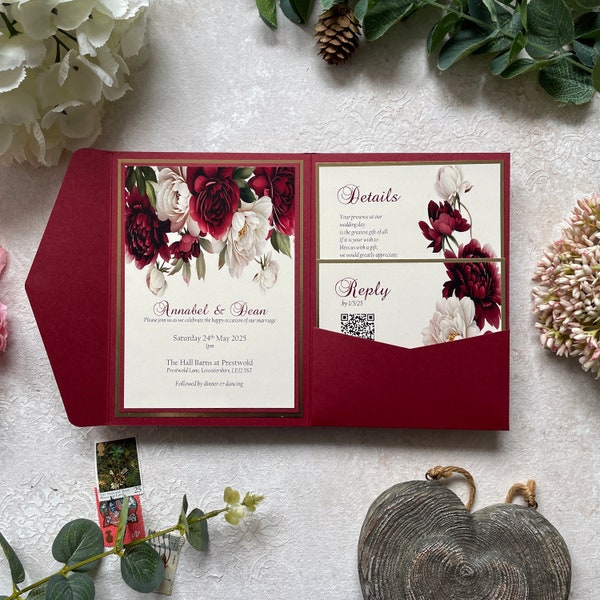 Burgundy Pocket Wedding Invitation. Traditional design. RSVP Card & Guest Information. Personalised and Printed.